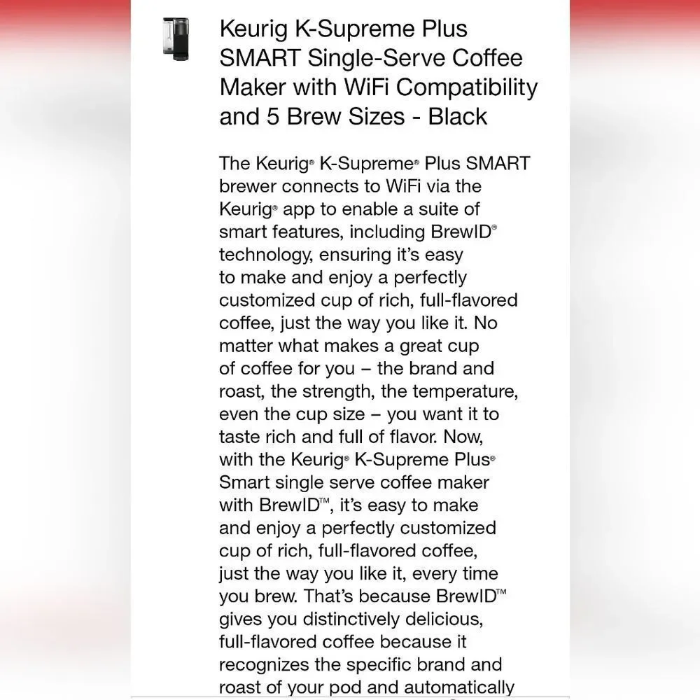 Keurig Supreme Plus Smart Single Serve Coffee Maker w/Brew ID